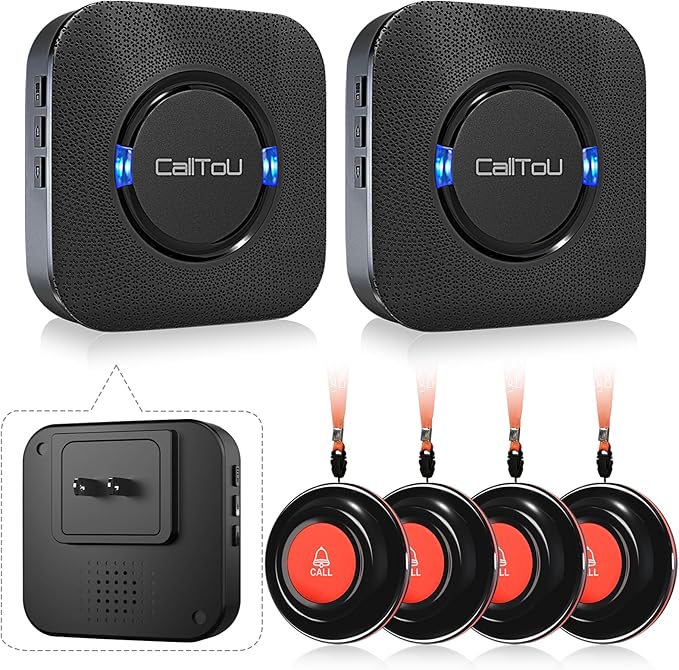 CallToU Caregiver Call Button Wireless Call Bell Alert Button for Seniors/Patients Call Light System for Elderly Home 2 Plugin Receiver 4 Waterproof Transmitter