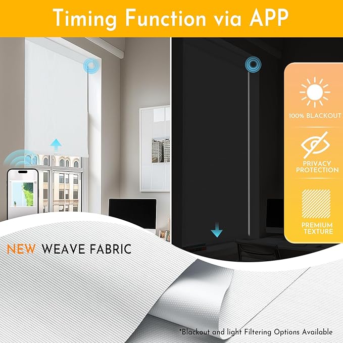 Persilux Smart Motorized Blinds with Remote, No Drill Automatic Roller Shades for Indoor Windows, Blackout Linen Fabric, Electric Blinds for Windows, Weave Swan C162BO-1, Custom Size