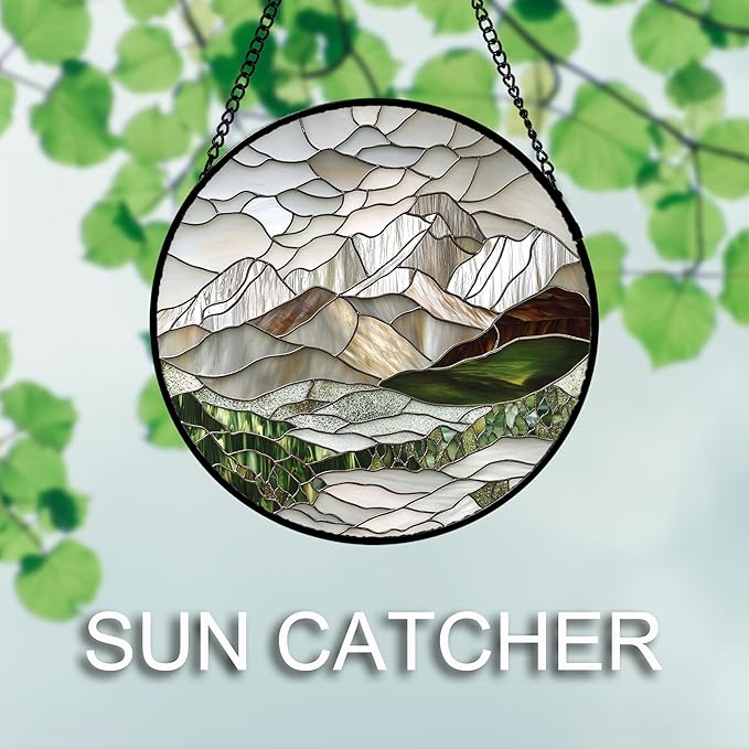AMDERVEN Stained Glass Window Hanging 4 Pcs Set Mountain River Landscape 7.8" - Suncatcher Door Garden Sun Catcher Decor Birthday Mother's Day for Mom Woman Nana Girl Boy Friend