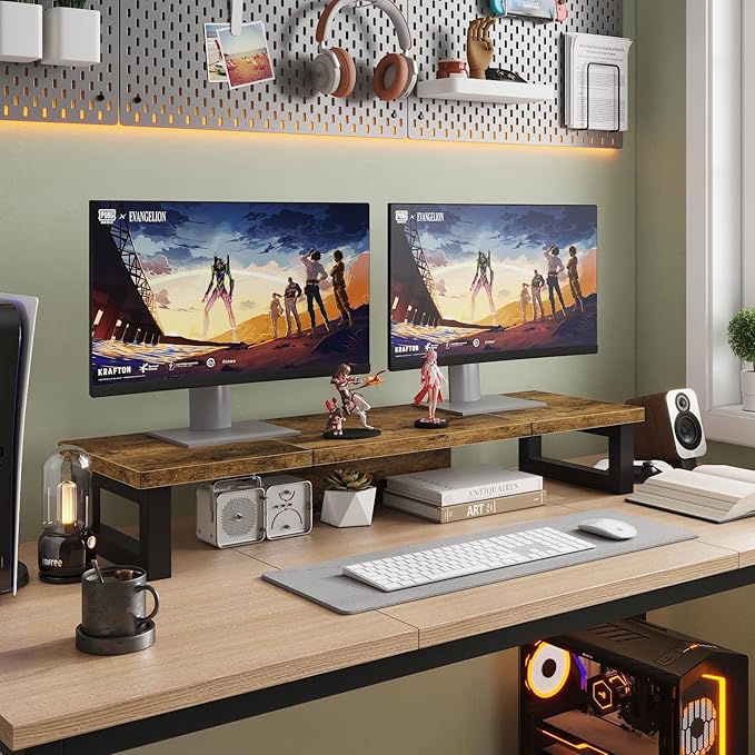WESTREE Dual Monitor Stand Riser, Wood and Steel Monitor Stand Riser, Computer Monitor Stand for 2 Monitors, Multi-Purpose Desktop Storage Stand for Computer,Laptop,Printer,TV