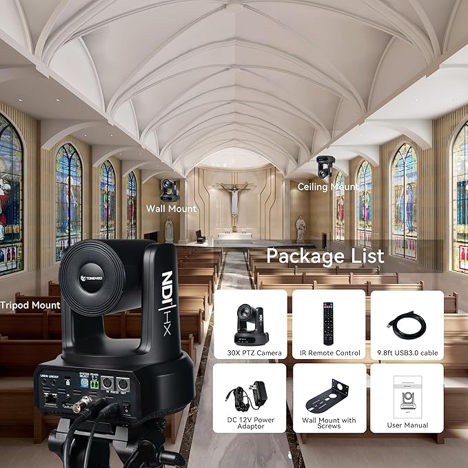 TONGVEO NDI AI Auto-Tracking IP PTZ Camera SDI/HDMI/USB3.0/LAN PoE 30X Optical + 16X Digital Zoom 1080P 60fps for Live Streaming Church Services Education Video Conference with OBS vMix and More