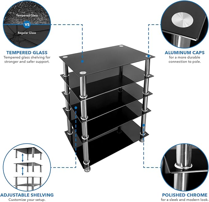 Mount-It! Tempered Glass AV Component Media Stand, Audio Tower and Media Center with 5 Shelves, 220 Lbs Total Capacity, Black Shelves Chrome Legs (MI-8671)