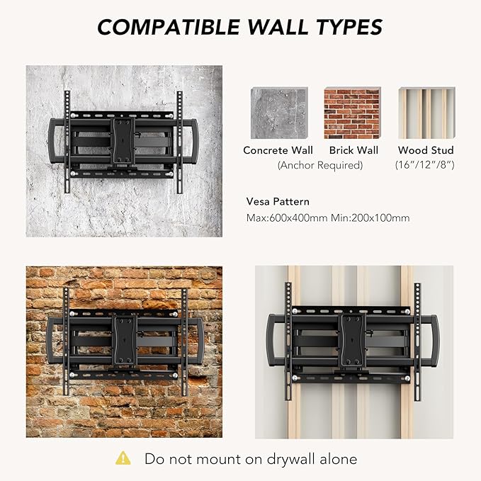 Full Motion TV Wall Mount Bracket for Most 32-85 inch TVs,TV Mount with Dual Articulating Arms,Tilt/Swivel/Extension/Leveling,Fits 8” 12” 16" Studs,Max VESA 600x400mm, Holds up to 132lbs
