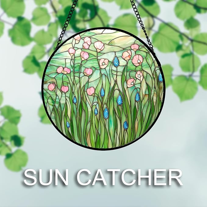 AMDERVEN Stained Glass Window Hanging 4 Pcs Set Pink Green Spring Saplings Flowers 6.3" - Suncatcher Door Garden Sun Catcher Home Decor Mother's Day for Woman Nana Mom Men