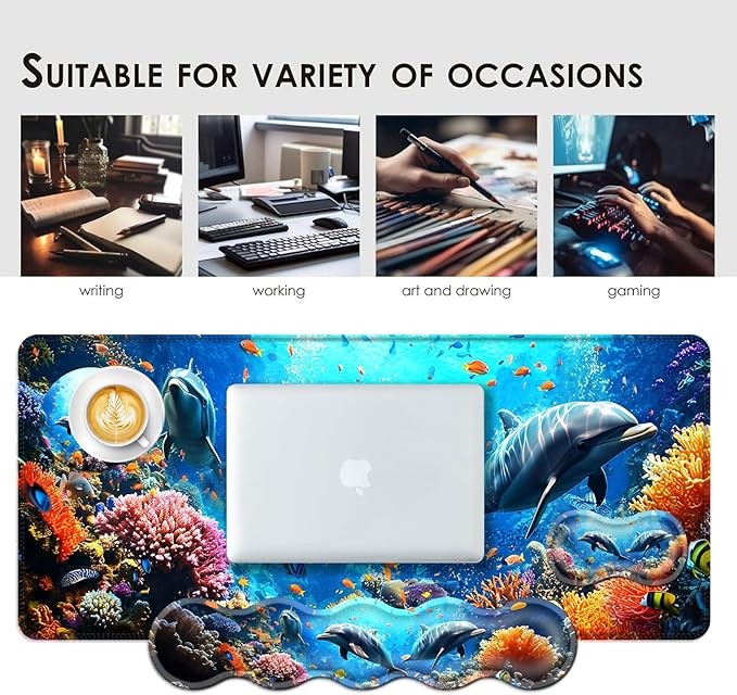 BFUKVOU Large Keyboard Mouse Pad Set, Extended Mouse Pad+Keyboard Wrist Rest Support, Memory Foam Ergonomic Easy Typing, 4Pcs (31.5×11.8 in) Desk Pad Set for Office Home,Underwater Dolphin Scene