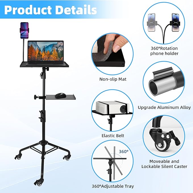 STEADUS Projector Stand Tripod – 24 to 59 Inch Adjustable Height – Dual Shelves Laptop Tripod Stand with Moveable Wheels and Phone Holder, Portable Laptop Stand for Office, Stage & Outdoor Use