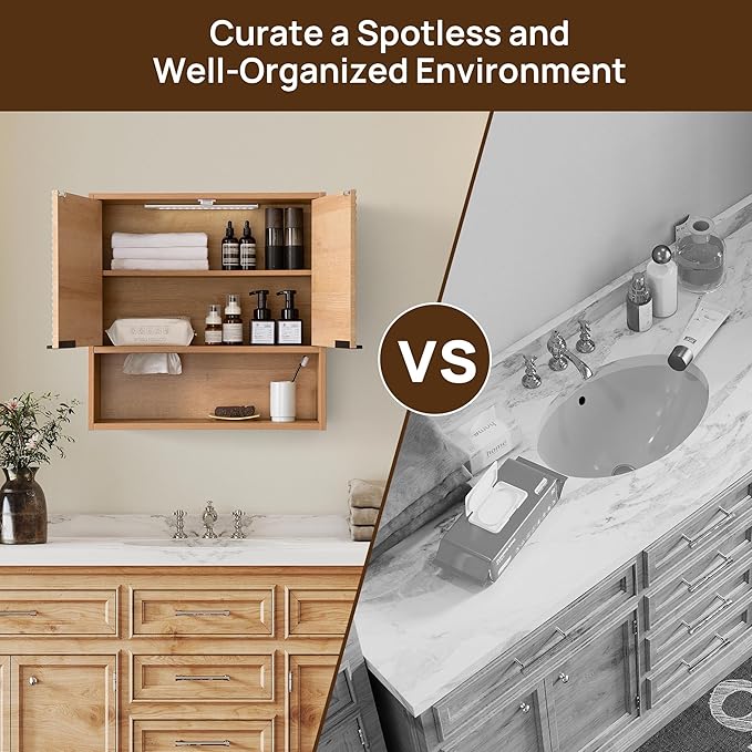 Wall Mounted Bathroom Cabinet with Motion Sensor LED Light & Tissue Dispenser, Modern Oak Medicine Cabinet Over Toilet with Fluted Door, Adjustable Shelf for Skincare & Makeup Storage