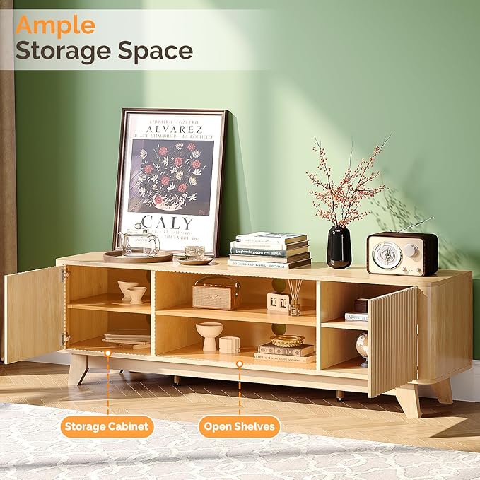VINGLI 58.6" TV Stand for 70 Inch TV, Mid Century Entertainment Center with Fluted Sliding Doors and Open Storage, Elegant Media Console for Living Room, Oak