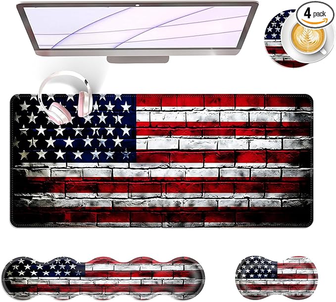 BFUKVOU Large Keyboard Mouse Pad Set, Extended Mouse Pad+Keyboard Wrist Rest Support, Memory Foam Ergonomic Easy Typing, 4Pcs (31.5×11.8 in) Desk Pad Set for Office Home,American Flag on Brick Wall