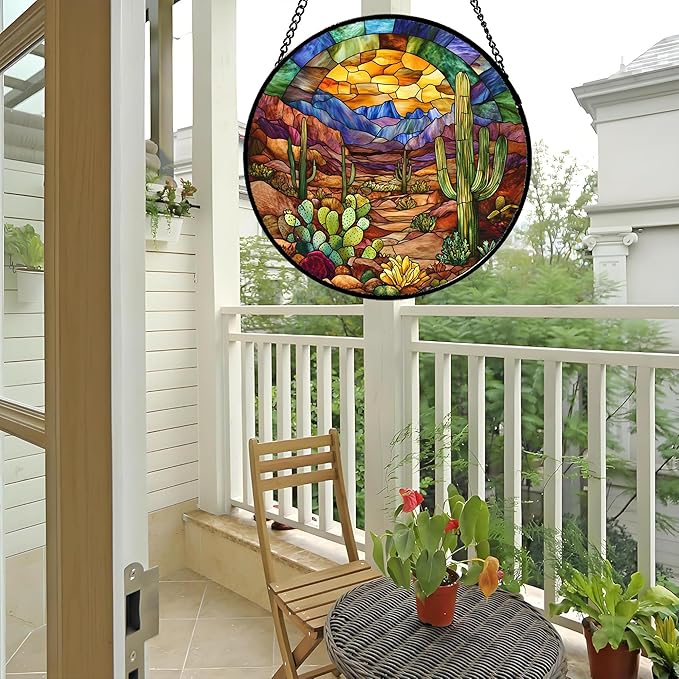 CRISGIF Stained Glass Window Hanging Cactus Mountains Landscape 7.8" - Suncatcher Door Garden Sunroom Sun Catcher Home Decor Birthday Christmas for Mom Men Woman Nana