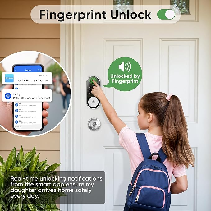 Fingerprint Smart Door Lock Keypad Deadbolt – Keyless Entry with Fingerprint, Code, FOB, App & Key, Remote Access for Home, Airbnb/Rental, Auto-Lock, Privacy Mode, Alexa/Google Compatible, DIY Install