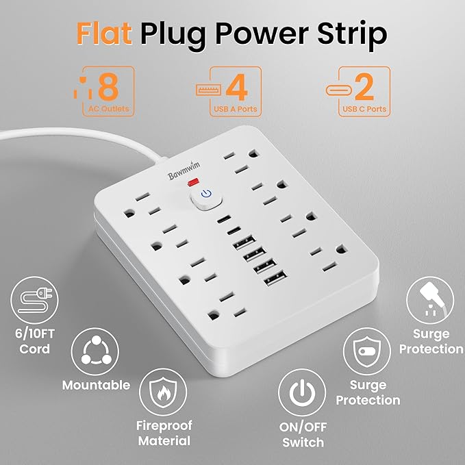 Bawmwim Surge Protector Power Strip - 8 Outlets(1250W/10A) 4 USB A（2 USB C, 6FT Flat Plug Extension Cord, Wall Mount Multi Plug Outlet Extender, ETL Listed for Home, Dorm Room