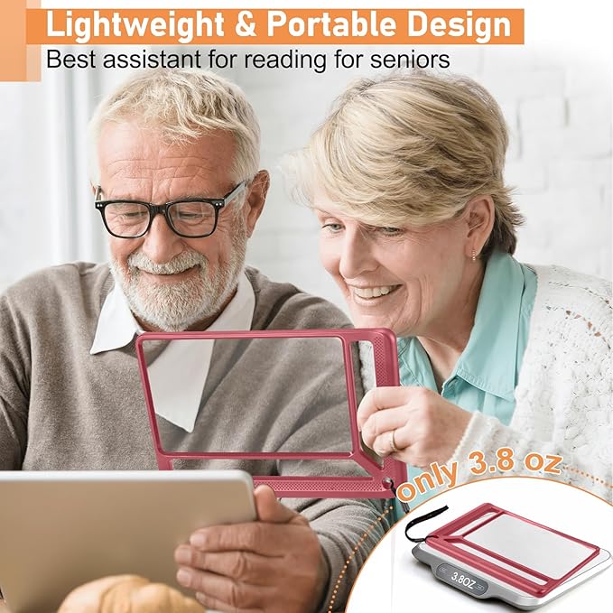 5X Full Page Magnifying Glass for Reading, Lightweight Rectangular Magnifier Provides Large Book Page Viewing Area, Handheld Magnifier for Reading Small Prints for Seniors, Low Vision-Red
