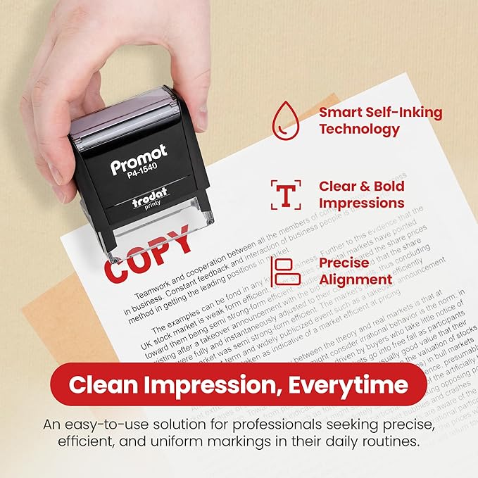 Promot Copy Self Inking Rubber Stamp - Refillable Stampers for Office - Business, Accounting, Bookkeeping, Coding, Legal, Notary, Work, Ordering, Inventory Stamps - Red Ink