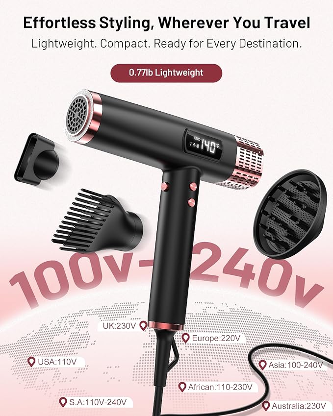 MESCOMB Travel Hair Dryer with Diffuser, 1875W Dual Voltage Ionic - Fast Drying & Frizz Control for Thick/Curly Hair, Lightweight Low Noise for Hotels/Apartments/Home Use, Worldwide Travel (110-240V)