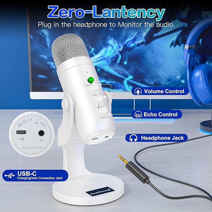 ZealSound Wireless Microphone,USB Mic for iPhone PC iPad Android Phone-Cordless Condenser Desktop Microphones with Mute Echo Monitor Volume Gain 2.4GHz for Podcast,ASMR,Gaming,YouTube Video/K66 White