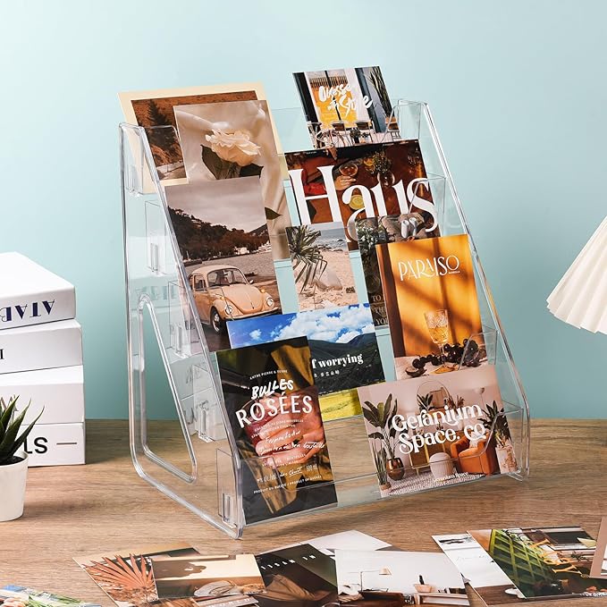 CELSOL 2 Pack Upgraded 5 Tier Acrylic Card Display Stand, Clear Display for Greeting Cards, Sports Cards, Postcards, Stickers & Brochures, Easy Snap-On, Increased Height & Thickness for Better Presentation