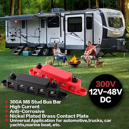 Tuijodaix 300A Bus Bar 5 Post 12V-48V DC Power Distribution Block,5 * 5/16"(M8) Battery Terminal Studs with Cover and Wire Lugs for Wiring,Automotive,Marine,Battery busbar (Red&Black)