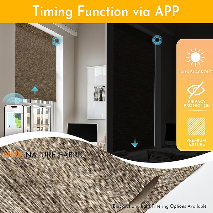 Persilux Smart Motorized Blinds with Remote, No Drill Automatic Roller Shades for Indoor Windows, Blackout Linen Fabric, Electric Blinds for Windows, Nature Brown C153BO-11, Custom Size