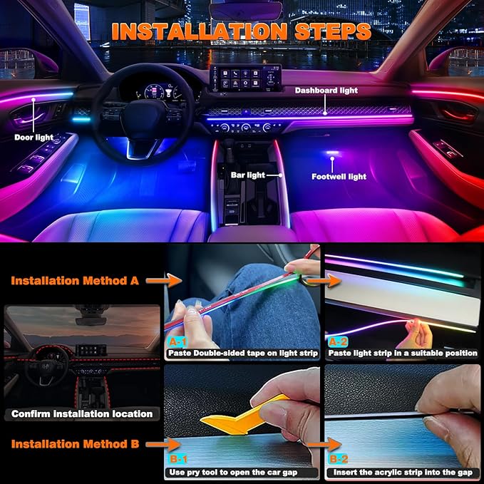 Jushope Acrylic LED Lights - Interior Car Ambient Lighting Kits with Dynamic Rainbow Dream Color Chasing, Music Sync (10 in 1(4*29.5+43.3+14.5 inches+4 Footwell Lights))