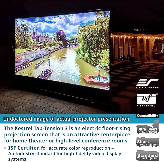 Elite Screens Kestrel Tab-Tension 3 CineWhite, 135 inch 16:9 Aspect Ratio, ISF Certified, Electric Floor-Rising Motorized Tab-Tensioned Front Projector Screen, Programmed Remote Kit, FTE135H3