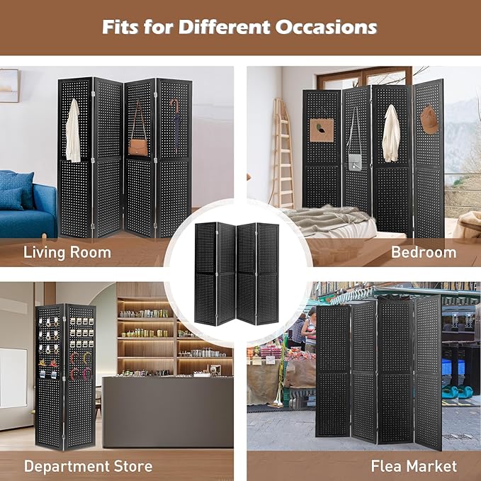 ECOMEX 4 Panel Room Divider, 5.6Ft Pegboard Display Wooden Room Divider Folding Privacy Screen Room Divider Freestanding Peg Board Display for Trade Show Craft Show Home Wall Organizer, Classic Black