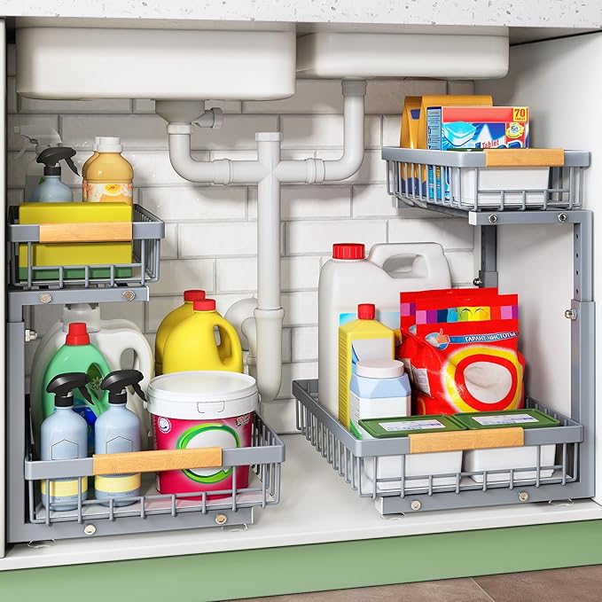 Kitstorack Under Sink Organizer, 2 Packs 2 Tier Under Sink Organizers and Storage, Slide out Pull out Cabinet Organizer Shelf, Metal Sliding Drawer for Kitchen Bathroom Pantry Closet Rack(Grey)