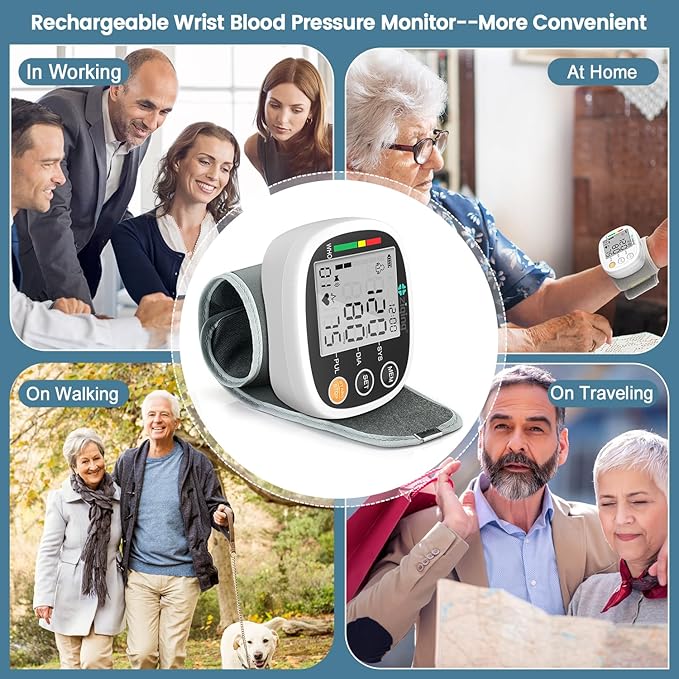 Wrist Blood Pressure Monitor for Home Use, Rechargeable Bp Machine Automatic Digital BP Monitor with Voice Broadcast, Large LCD Display, 2×99 Memory BP Cuff 5~7.7in, Black