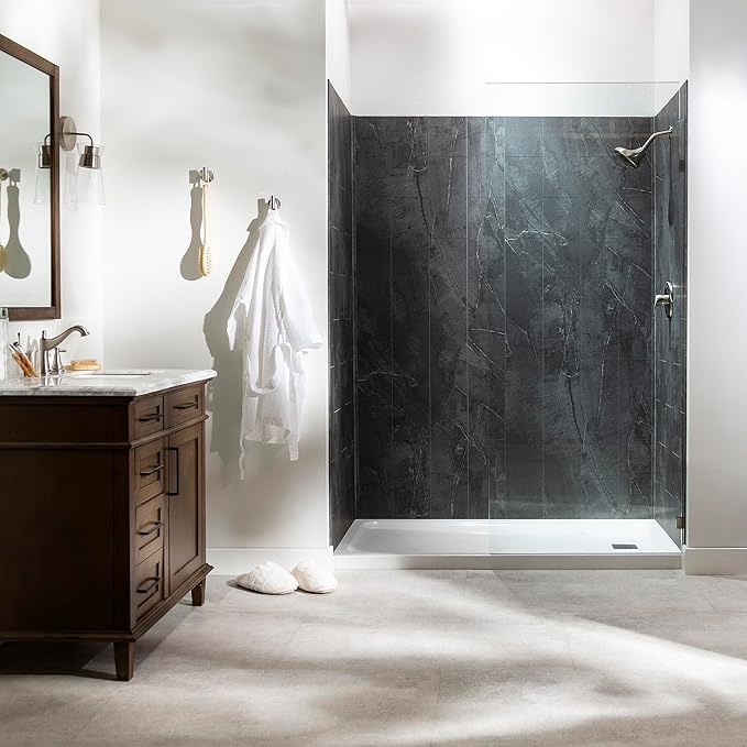 Palisade 78in x 60in x 36in Waterproof Vinyl Shower Surround Kit with Accessories in Urban Quarry
