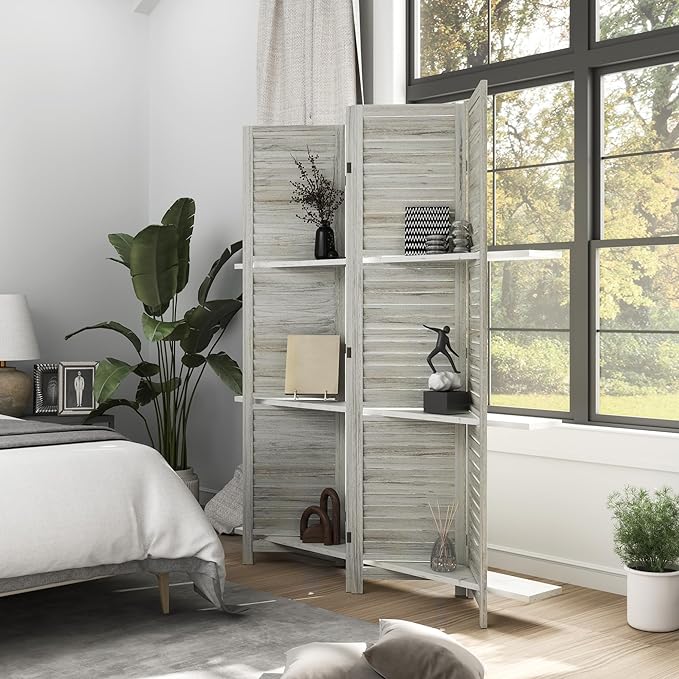 HOMCOM Room Divider, 4 Panel 67" Tall Wood Privacy Screen with 3 Display Shelves, and Folding Storage for Bedroom or Home Office, Distressed White