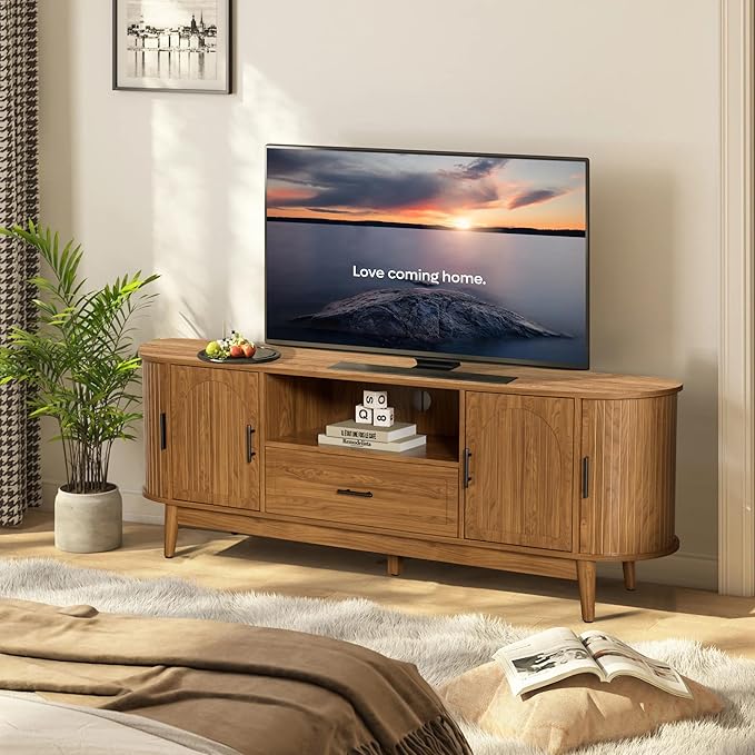 Mxtxmy 63" Fluted TV Stand for Tvs up to 70", Mid-Century Modern Entertainment Center with Drawers and Fluted Doors, Curved TV Media Console Table with Sliding Doors for Living Room, Bedroom (63")