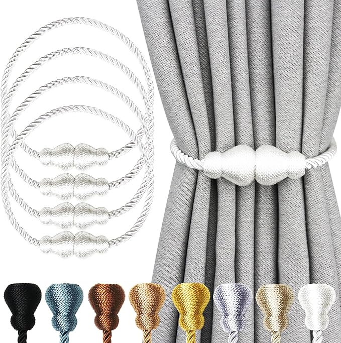 Nieffeiy Magnetic Curtain Tiebacks Outdoor Curtain Tie Backs Rope Decorative Magnetic Curtain Holders for Drapes Window Treatment Holdbacks, White 4Pack