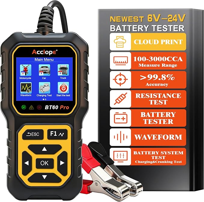 Acclope BT60 Pro Car Battery Tester, Digital Analyzer with Cloud Printing, 100-3000 CCA Range for 6V/12V/24V AGM, Lithium, Gel Batteries, Automotive Charging System