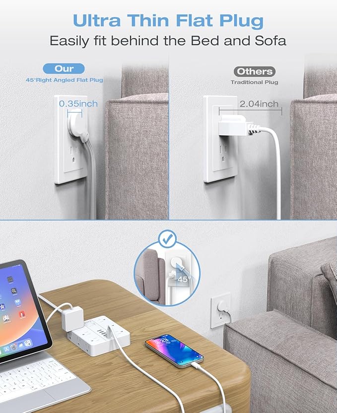 AOFO 20FT Surge Protector Power Strip,12 AC Outlets with 6 USB Ports (2 USB-C), Flat Plug Extension Cord with Multiple Outlets, Wall Mount for Home Office,Dorm, White
