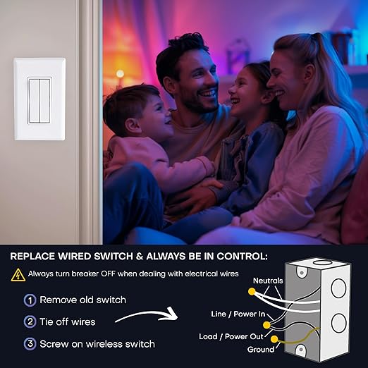 RunLessWire Click for Philips Hue – Battery-Free Wireless Smart Light Switch, 30ft Range – Works Natively with Philips Hue Bridge – Wall Mount Kinetic Switch - Decora Style, Light Almond