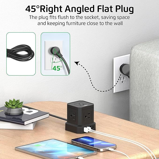 Cube Power Strips with Surge Protection, 6ft Extension Cord with Multiple Outlets, 5 Ac Plugs, 3 USB, 1 Usbc Fast Charging Power Strip with USB Ports, Mountable On/Off Switch Charging Station