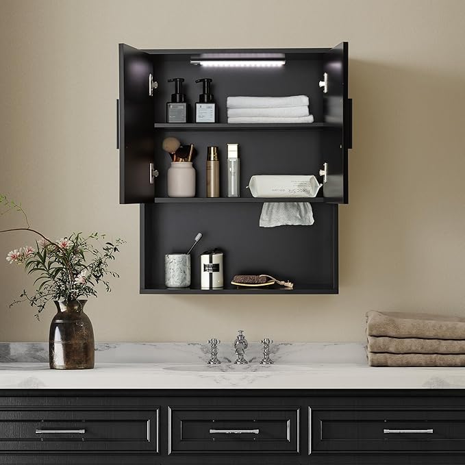 Modern Fluted Bathroom Wall Cabinet with Motion Sensor LED Light, Black Over The Toilet Storage with Tissue Dispenser, Soft-Close Hanging Medicine Cabinet with Adjustable Shelves & Open Rack