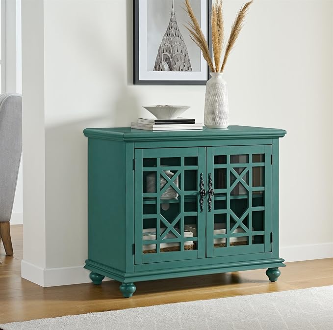 Martin Svensson Home Elegant Small Spaces Accent Cabinet with Glass Doors, Vintage Sideboard or Small TV Stand for Living Room or Entryway. Antique Teal Green.