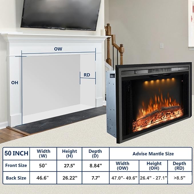 50 Inches Electric Fireplace Insert, 750W/1500W Fireplace Heater with Adjustable Flame and Top Light Colors, Fire Crackling Sound, Remote Control, Timer, Glass Door & Mesh Screen, Black