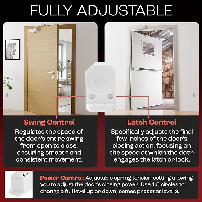 PrimeWare DC-600 Automatic Adjustable Door Closers for Home | Soft Close, No Slam | Residential and Commercial Door Closer | Level 1-6 | for Doors Weighing 30-300 lbs | Hydraulic Door Spring - White