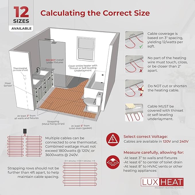 LuxHeat 200sqft Floor Heating Cable Kit - 240v Infloor Heat Kit for Tile - Heated Flooring System Includes UDG4 Programmable Thermostat w/GFCI, Heating Cable, Strapping, Floor Sensor & Alarm