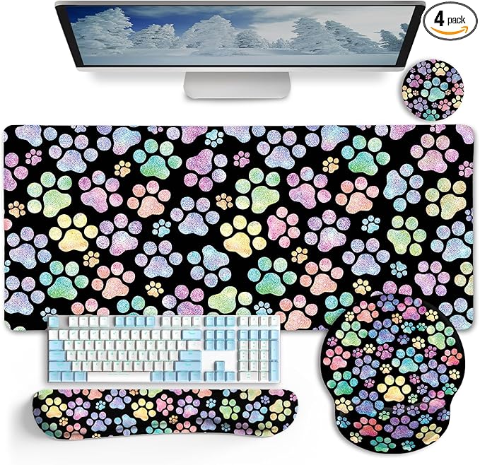 LIMKRIAN Dog Paw Mouse Pad Set XXL Large Desk Mat Pad, Cute Ergonomic Mouse Pad with Wrist Support Wrist Rest for Computer Keyboard, Cup Coaster Cute Cat Paw Office Supplies Desk Decor Accessories