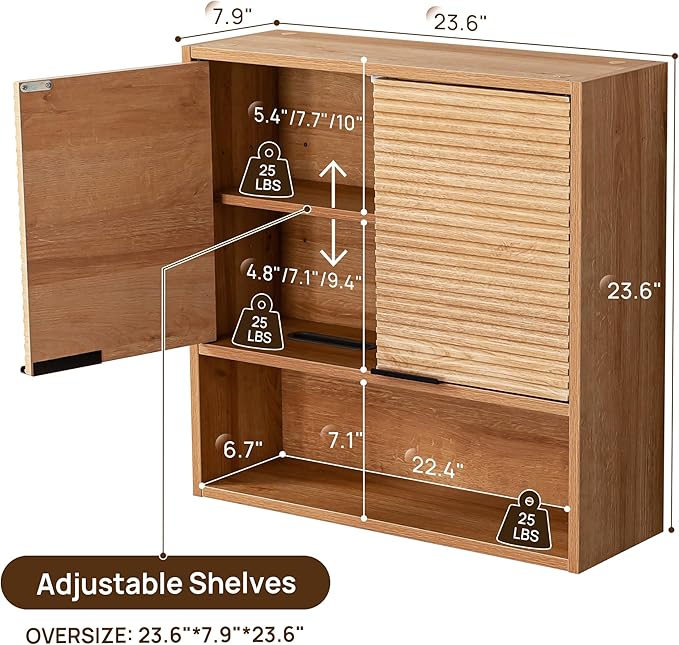 Wall Mounted Bathroom Cabinet with Motion Sensor LED Light & Tissue Dispenser, Modern Oak Medicine Cabinet Over Toilet with Fluted Door, Adjustable Shelf for Skincare & Makeup Storage