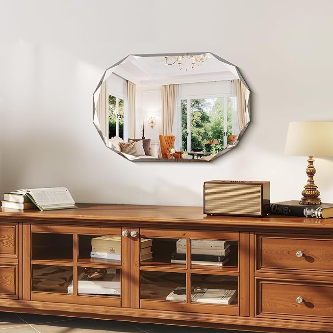 GLASHOM Beveled Edge Frameless Bathroom Mirror, Oval Wall Mirror for Over Sink, 16" x 24" Modern Decorative Vanity Mirror for Bedroom, Living Room, Entryway, Hanging Mirror Horizontal or Vertical