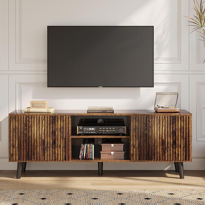 EROMMY 63'' Fluted TV Stand for 70 Inch TV, Modern Entertainment Center with Sliding Doors & Storage Cabinet, Mid Century Media TV Console for Living Room, Brown