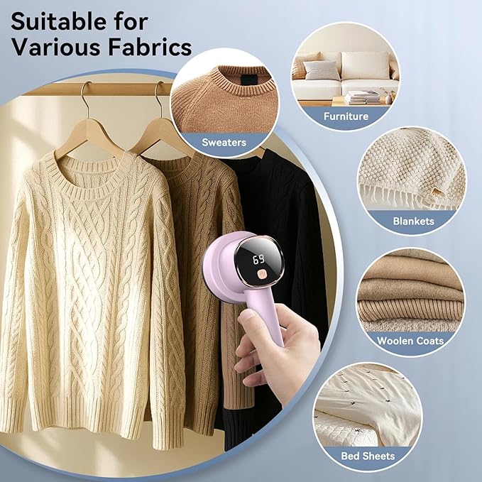 Smyeviva Rechargeable Fabric Shaver for Clothes: 6-Leaf Blades & 3 Speeds to Remove Pilling, Fuzz & Lint Balls - with LED Display, Portable Electric Lint Remover for Sweater, Couch, Blanket, Furniture