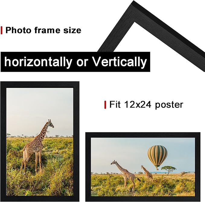 TKYGU 12x24 Picture Frame Set of 5,Wooden Frame 12x24 Wall Gallery Poster Photo frame Black with Durable Shatter Resistant Plexiglass for Wall Mounting 12 by 24 Photos Posters frame -wedding best gift