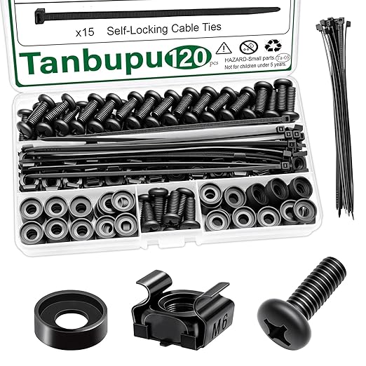 120Pcs M6 x 16mm Rack Mount Cage Nuts, Washers and Self-Locking Cable Ties by Tanbupu