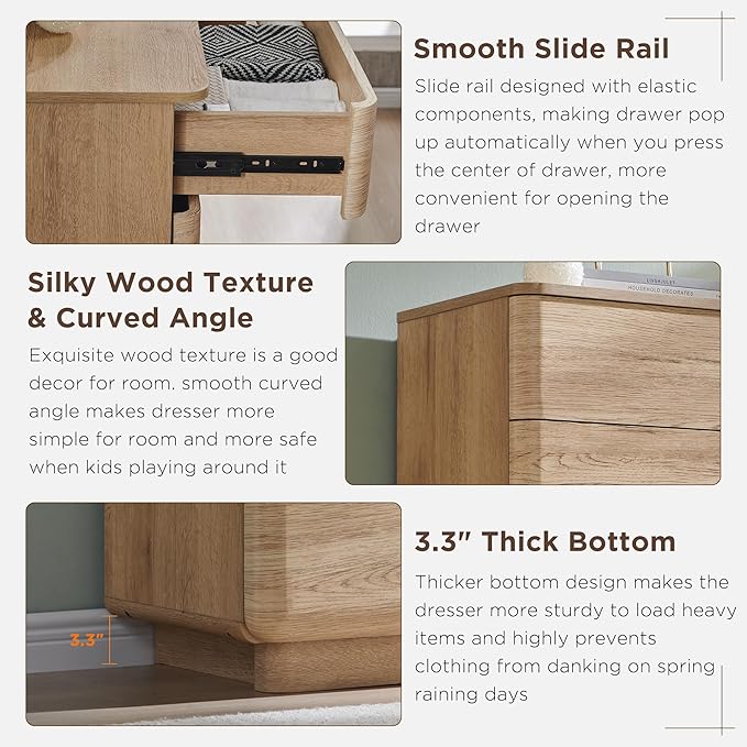 JXQTLINGMU 5 Drawer Dresser for Bedroom, 42" Tall Modern Wood Dressers, Push-to-Open Chest of Drawers for Closet Organizers & Storage, Curved Profile Design,Natural Oak