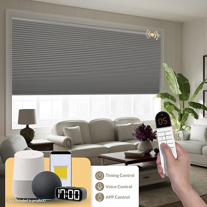 Boolegon No Drill Motorized Cellular Blinds with Remote Motorized Blackout Honeycomb Blinds for Indoor Windows Easy to Install Automatic Cellular Shades for Home,Blackout Light Gray,Custom Size